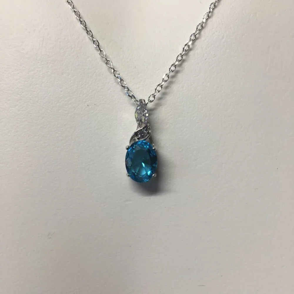 CZ Cubic Zirconia Aqua Drop Pendant Sterling Silver  Necklace -18 inches